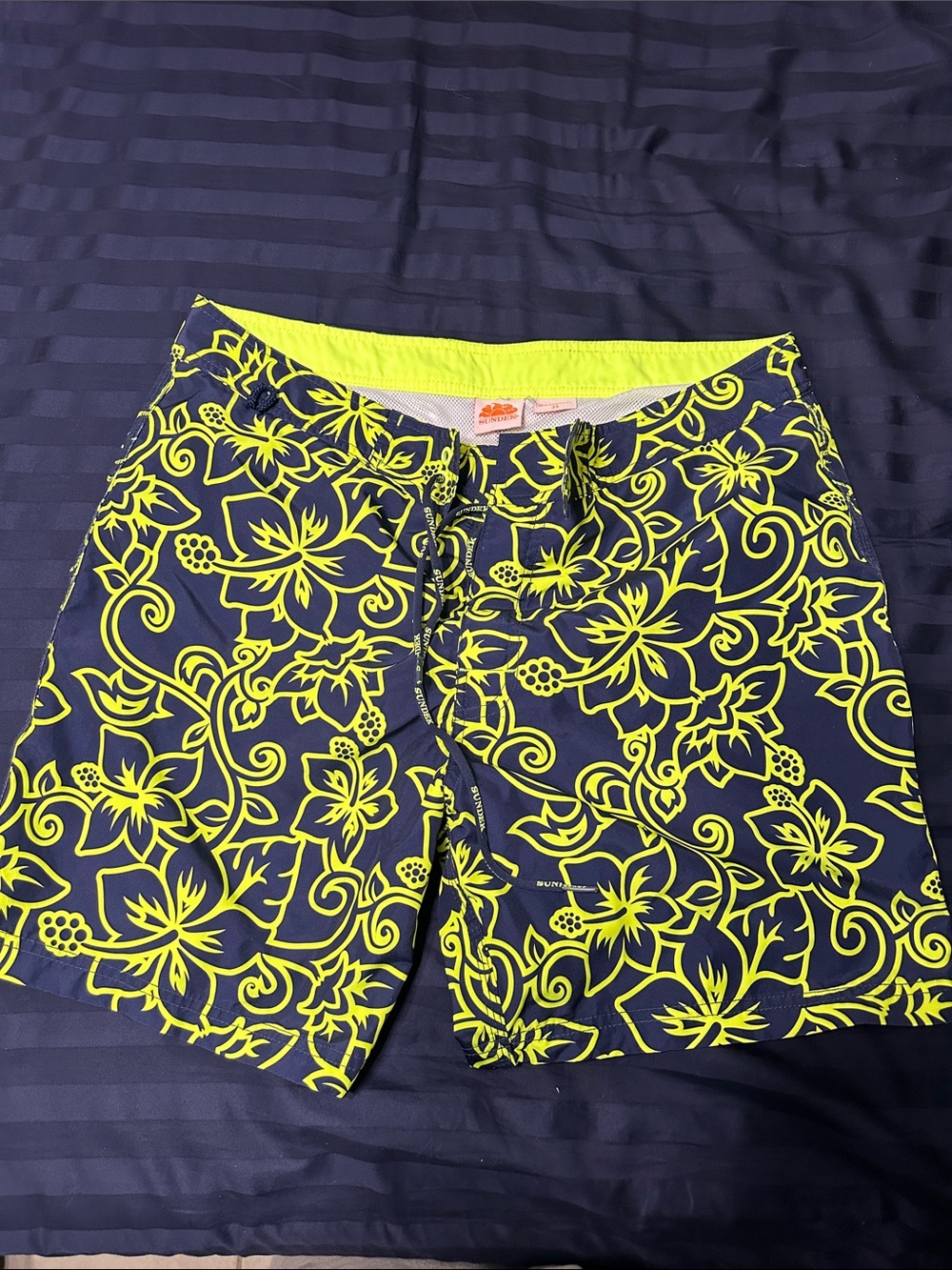 Sundek Navy Board Shorts with Neon Yellow Floral Pattern